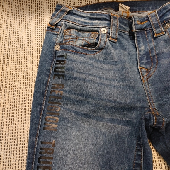 True Religion Blue Distressed Section Skinny Jeans Women’s Size 26 Logo On Leg - Picture 2 of 6